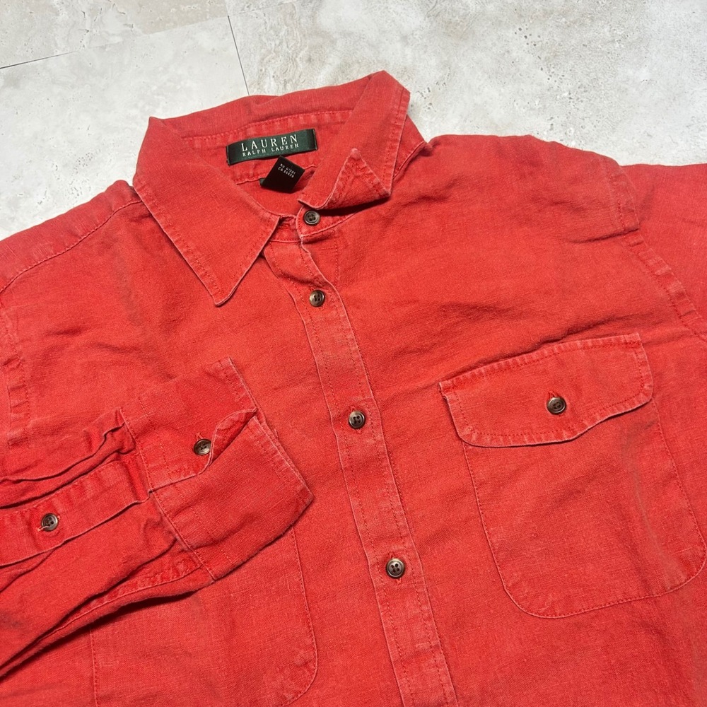 Lauren Ralph Lauren Linen Shirt Red Womens Large Button Down Long Sleeve Top